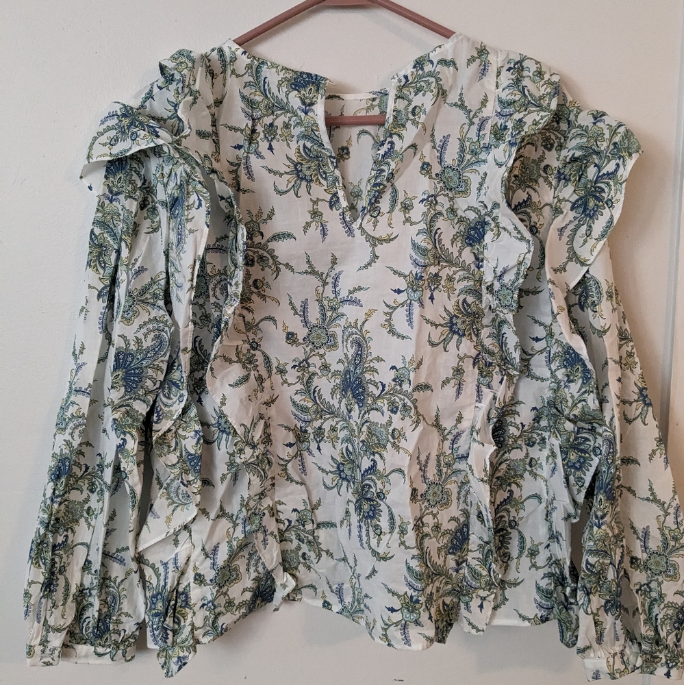 Zara White and Green Floral Blouse